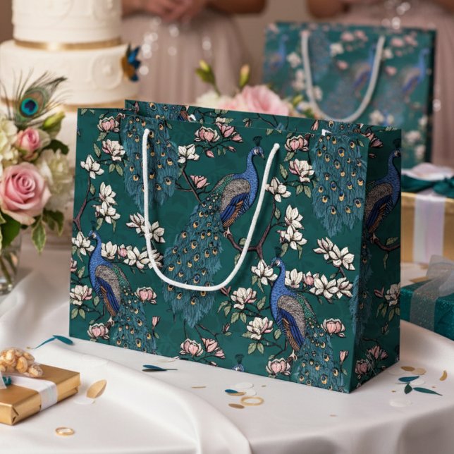 Elegant turkos blommande påfåglar och magnoliablom (Beautiful Floral Peacock Bird, Teal Feathers Large Gift Bag. Colorful Vintage Chinoiserie Style.)