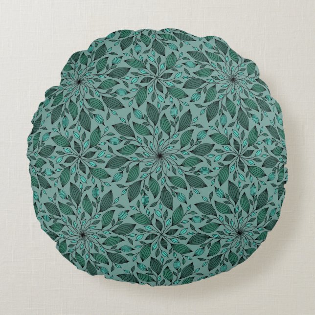 Elegant turkos blomster Mönster med blad mandala Rund Kudde (Framsidan)
