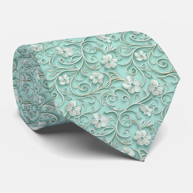 Elegant turkos blomsterliknande kakel mönster slips (Rullad)