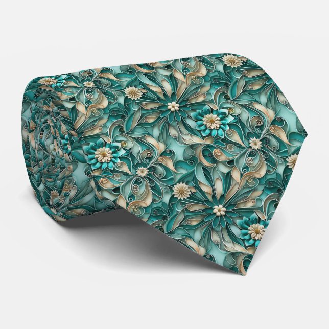 Elegant turkos blomsterliknande kakel mönster slips (Rullad)
