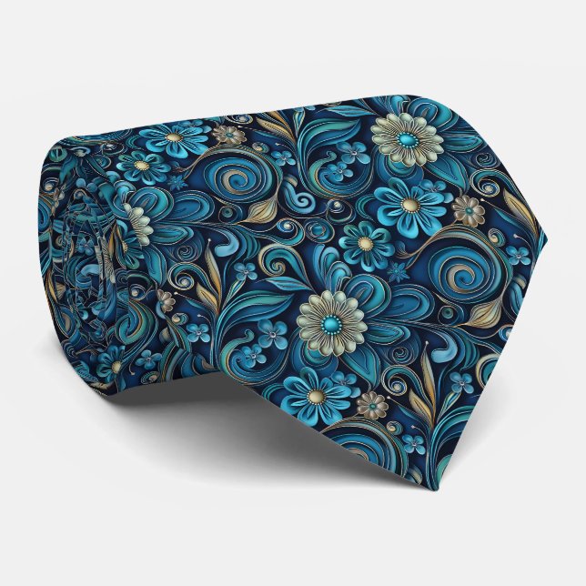 Elegant turkos blomsterliknande kakel mönster slips (Rullad)