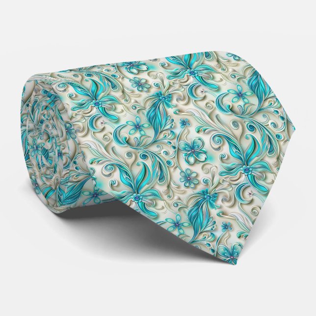 Elegant turkos blomsterliknande kakel mönster slips (Rullad)