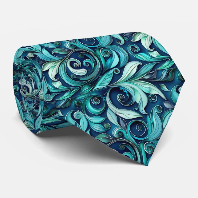 Elegant turkos blomsterliknande kakel mönster slips (Rullad)
