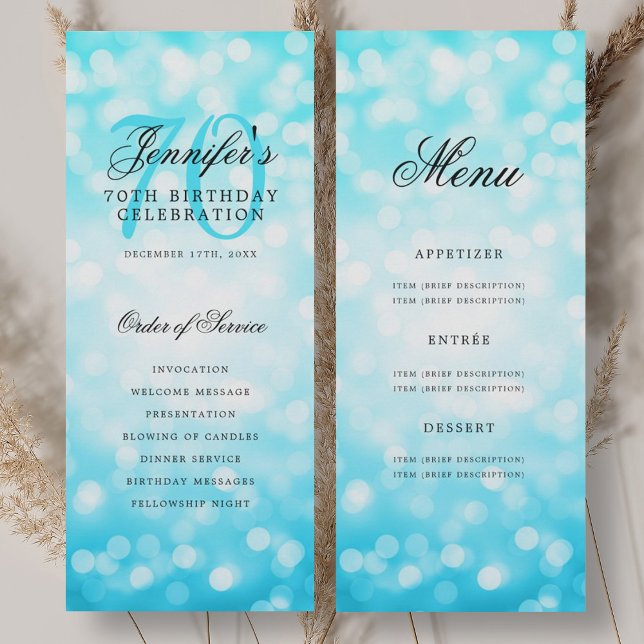 Elegant turkos Bokeh 70-årsfirande Program Meny (Elegant Turquoise Bokeh 70th Birthday Program Menu)