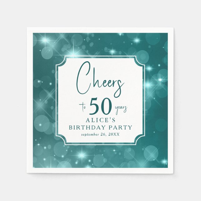 Elegant turkos Bokeh-gnistrande 50-årsfest  Pappersservett (Framsidan)
