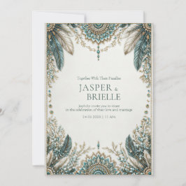 Elegant Turkos Fjäder Utsmyckad Filigran Bröllop Inbjudningar