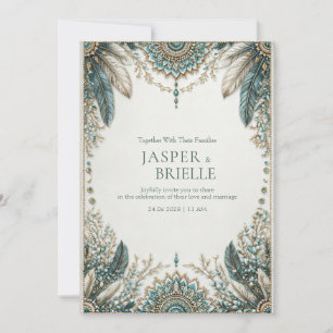 Elegant Turkos Fjäder Utsmyckad Filigran Bröllop Inbjudningar