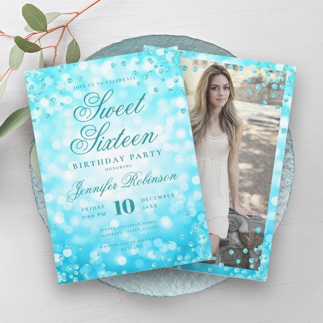 Elegant Turkos Glam Ljus Photo Sweet 16 Inbjudningar (Elegant Turquoise Glam Lights Photo Sweet 16 Invitation)