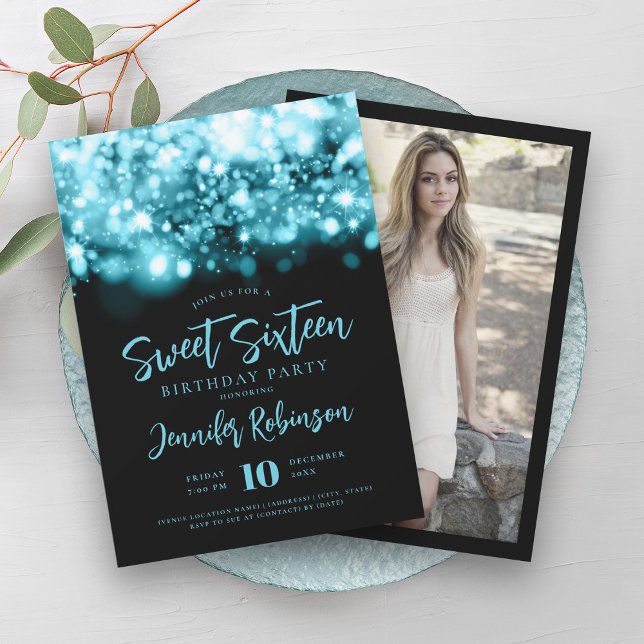 Elegant Turkos Gnistra Ljus Photo Sweet 16 Inbjudningar (Elegant Turquoise Sparkle Lights Photo Sweet 16 Invitation)