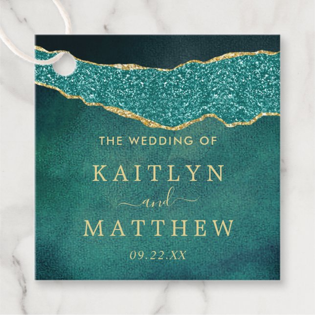 Elegant Turkos & Guld Agate Bröllop Gåvor Etiketter (Framsida)