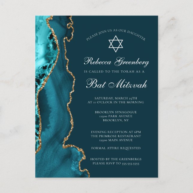Elegant turkos Guld Bat Mitzvah-fest Invitation Vykort (Framsida)