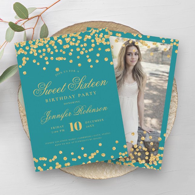 Elegant Turkos Guld Konfetti Fotosötat 16 Inbjudningar (Elegant Turquoise Gold Confetti Photo Sweet 16 Invitation)