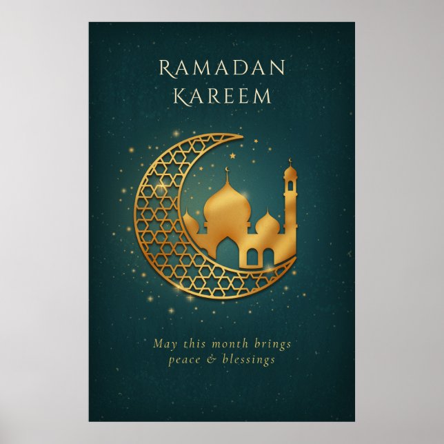 Elegant turkos & guld moské halvmåne Ramadan Poster (Framsidan)