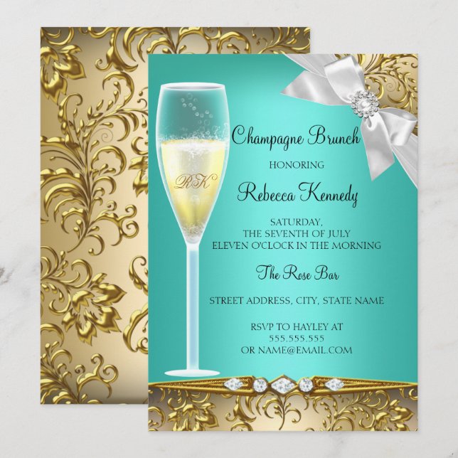 Elegant turkos guld vit champagnebrunch inbjudan (Fram/baksida)
