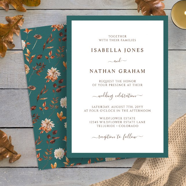 Elegant turkos hösthustru-inbjudan inbjudningar (Elegant Teal Simple Autumn Leaves Wedding Invitation by Painted Paperie
)