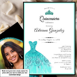 Elegant turkos klänning 15-årsdag Quinceanera Inbjudningar