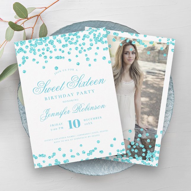 Elegant Turkos Konfetti Fotosötat 16 Inbjudningar (Elegant Turquoise Confetti Photo Sweet 16 Invitation)