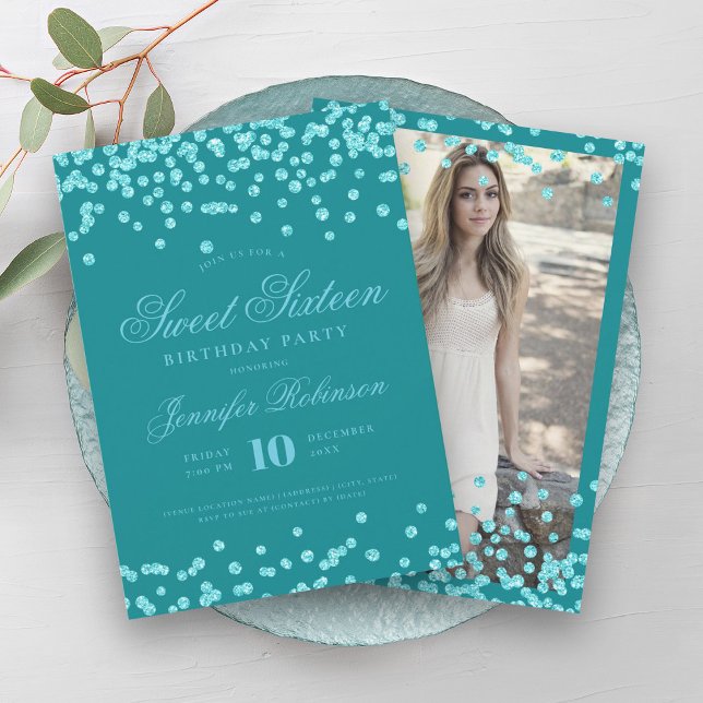 Elegant Turkos Konfetti Fotosötat 16 Inbjudningar (Elegant Turquoise Confetti Photo Sweet 16 Invitation)