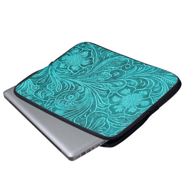 Elegant Turkos Läderutseende Embossed Flowers Laptop Fodral (Framre botten)