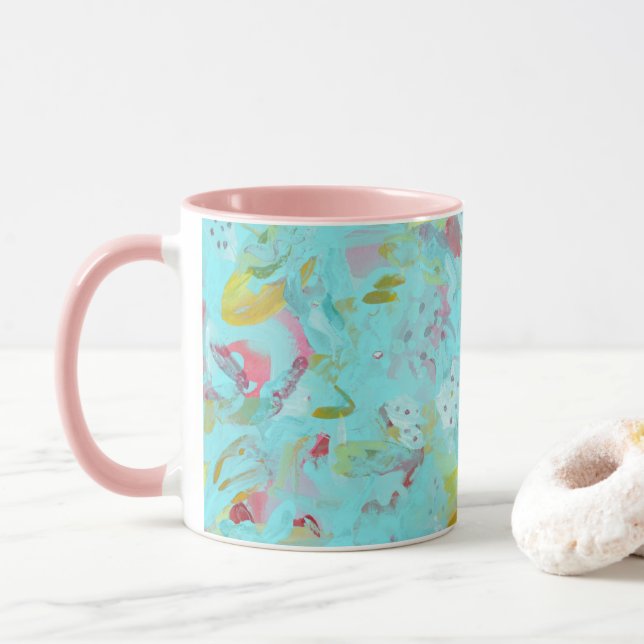 Elegant Turkos Oasis Abstrakt med Rosa Mugg (Med munk)