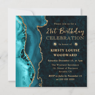 Elegant turkos och guld glitter agat 21-årsdag inbjudningar