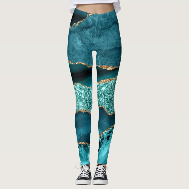 Elegant turkos och guld glitter Ocean Agate Leggings (Framsida)
