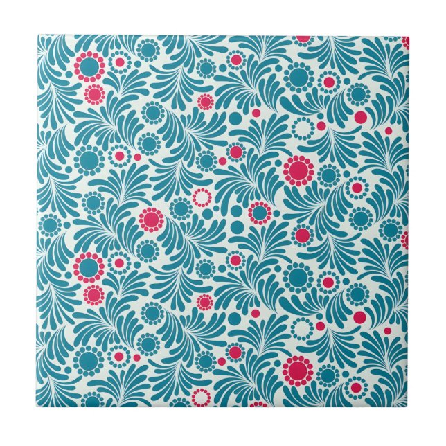 Elegant turkos och magenta bladmotiv kakelplatta (Framsidan)