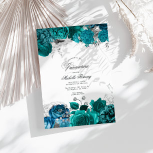 Elegant turkos och silver blomsterlig Quinceañera- Inbjudningar