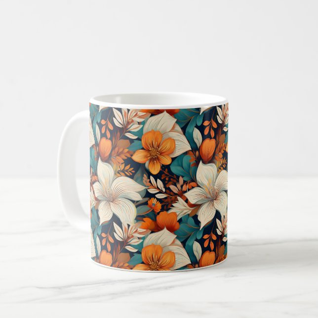 Elegant turkos orange blommönster blomster kaffemugg (Framsida vänster)