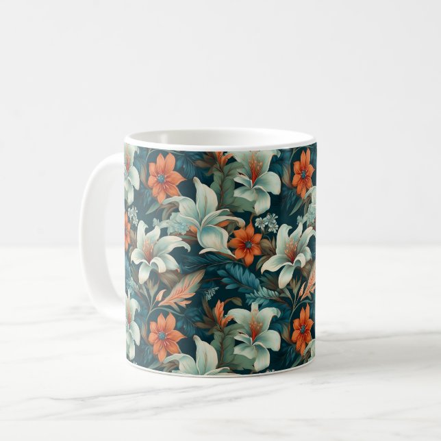 Elegant turkos orange blommönster blomster kaffemugg (Framsida vänster)