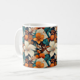 Elegant Turkos Orange Flower Mönster Blommigt Kaffemugg