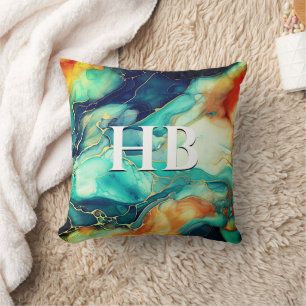 Elegant turkos orange marble art faux glitter kudde