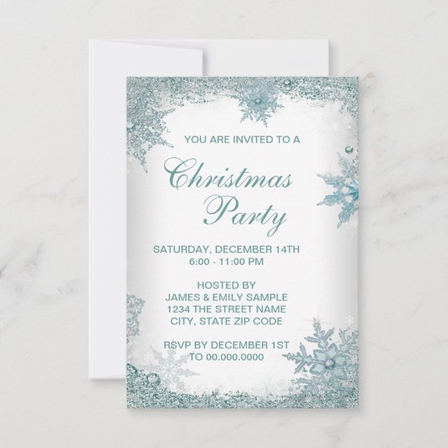 Elegant turkos Snöflinga Julfest RSVP Inbjudningar (Framsida)