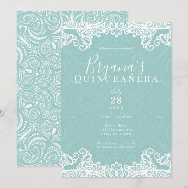 Elegant Turkos & Spets 15-års Quinceañera Inbjudningar (Fram/baksida)
