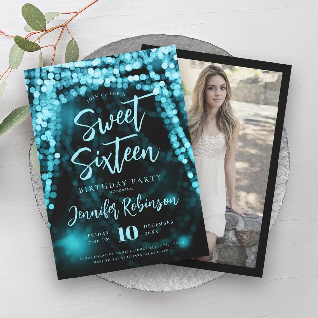Elegant Turkos String Ljus Photo Sweet 16 Inbjudningar (Elegant Turquoise String Lights Photo Sweet 16 Invitation)