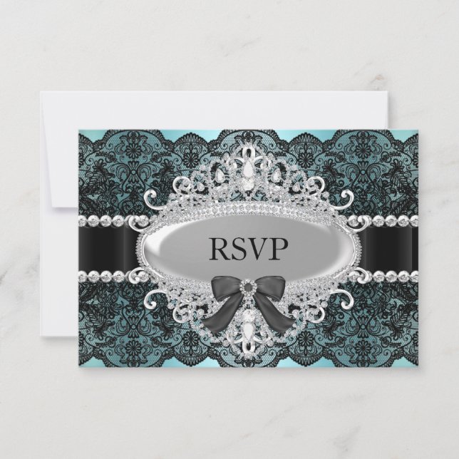 Elegant turkos & svart diamant spets RSVP OSA Kort (Framsida)