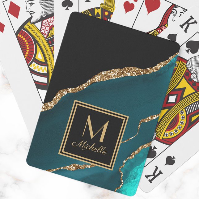 Elegant turkos svart guld monogram initial namn  casinokort (Elegant teal and black marble monogram playing cards. )