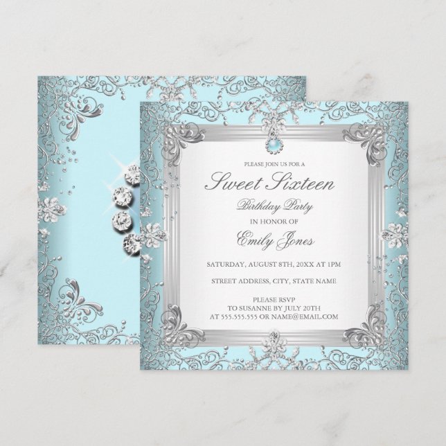 Elegant turkos Sweet 16 Sexton Pearl-inbjudan Inbjudningar (Fram/baksida)
