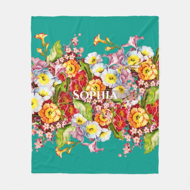 Elegant Turkos Vintage Blommigt Personlig Namn Fleecefilt (Framsidan)