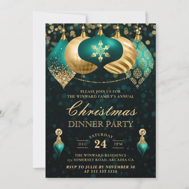 Elegant turkosa & guld glaskulor jul middag fest inbjudningar (Framsida)