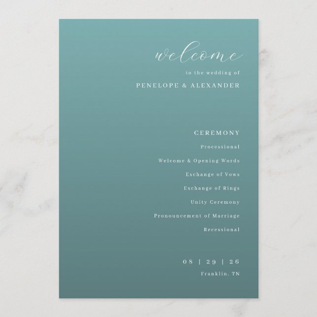 Elegant turkosblå bröllopsceremoni-schema program (Framsida)