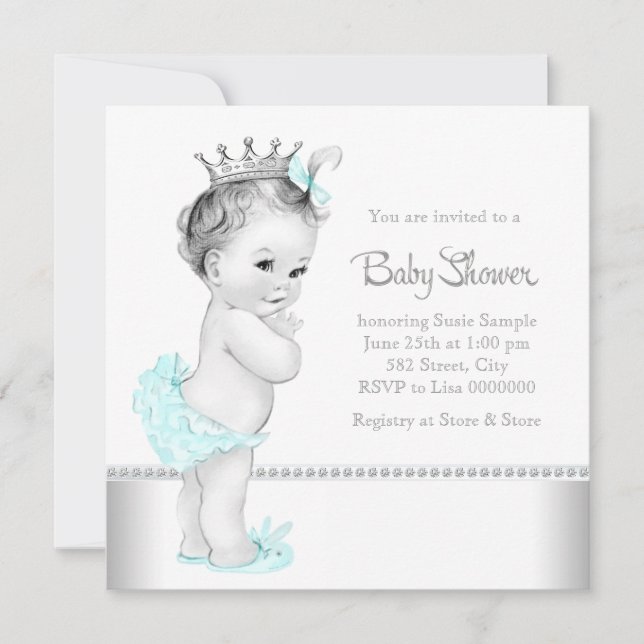 Elegant turkosblå och silver baby shower inbjudningar (Framsida)