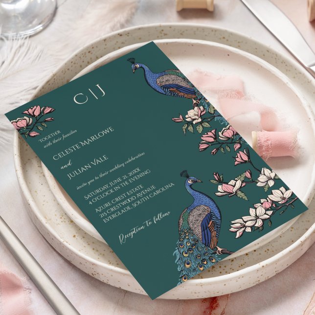 Elegant turkosgrön blomsterpåfågelbröllop inbjudningar (Rustic Teal Green Wedding Invitations. Hand-Drawn Blue & Teal Peacocks Perched on Magnolia Branches.)