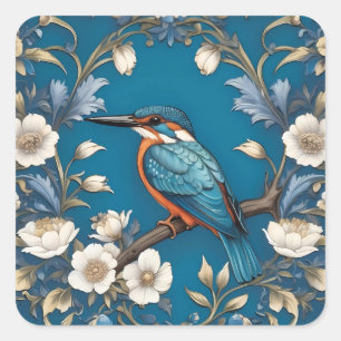 Elegant Turkvoise Kingfisher Bird Blommigt Fyrkantigt Klistermärke