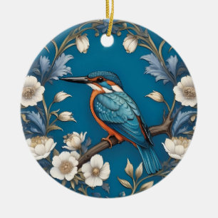 Elegant Turkvoise Kingfisher Bird Blommigt Julgransprydnad Keramik