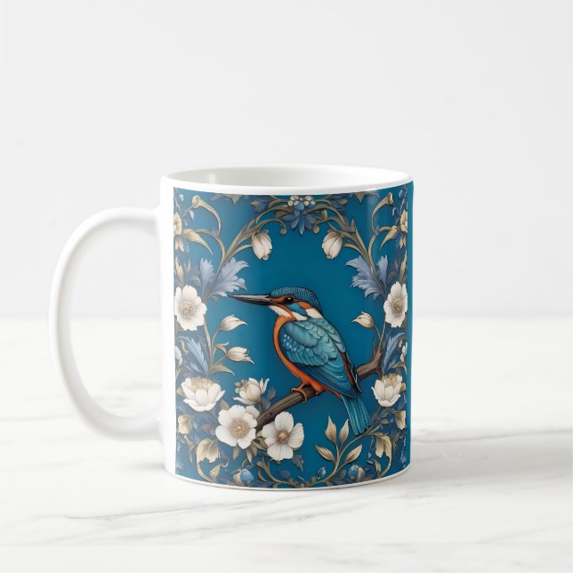 Elegant Turkvoise Kingfisher Bird Blommigt Kaffemugg (Vänster)