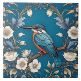 Elegant Turkvoise Kingfisher Bird Blommigt Kakelplatta