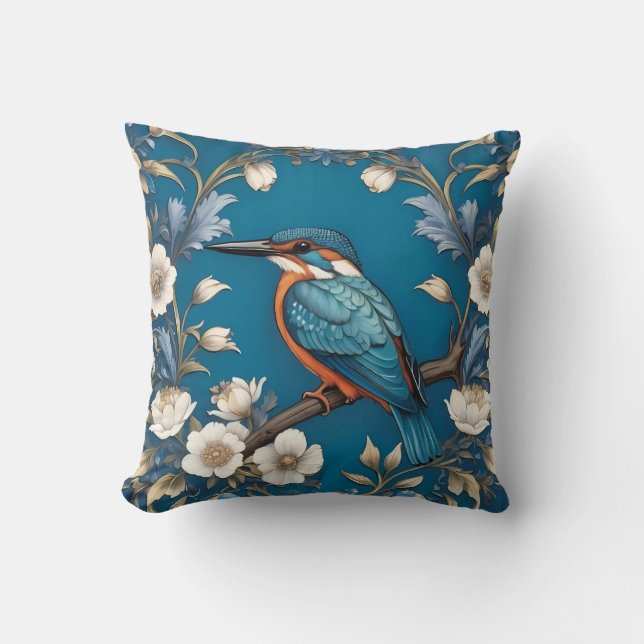 Elegant Turkvoise Kingfisher Bird Blommigt Kudde (Framsida)