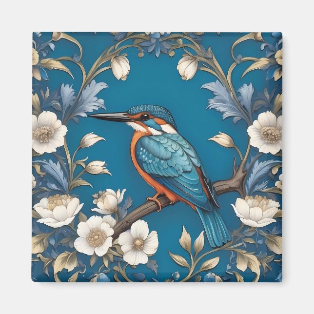 Elegant Turkvoise Kingfisher Bird Blommigt Magnet (Framsidan)