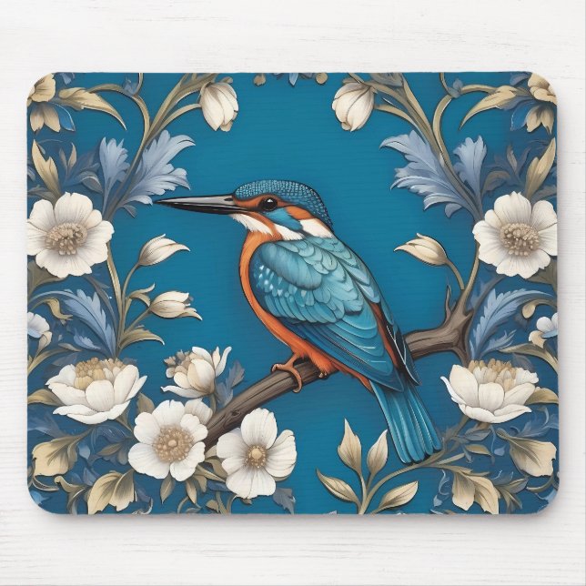 Elegant Turkvoise Kingfisher Bird Blommigt Musmatta (Framsidan)
